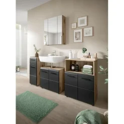 Hioshop Ice badkamerkast 2 deuren- 1 plank zwart mat- eiken decor
