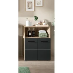 Hioshop Ice badkamerkast 2 deuren- 1 plank zwart mat- eiken decor