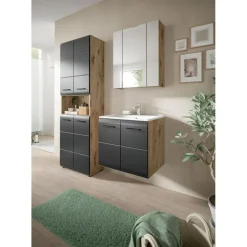 Hioshop Ice kolomkast 4 deuren- 1 plank zwart mat- eiken decor
