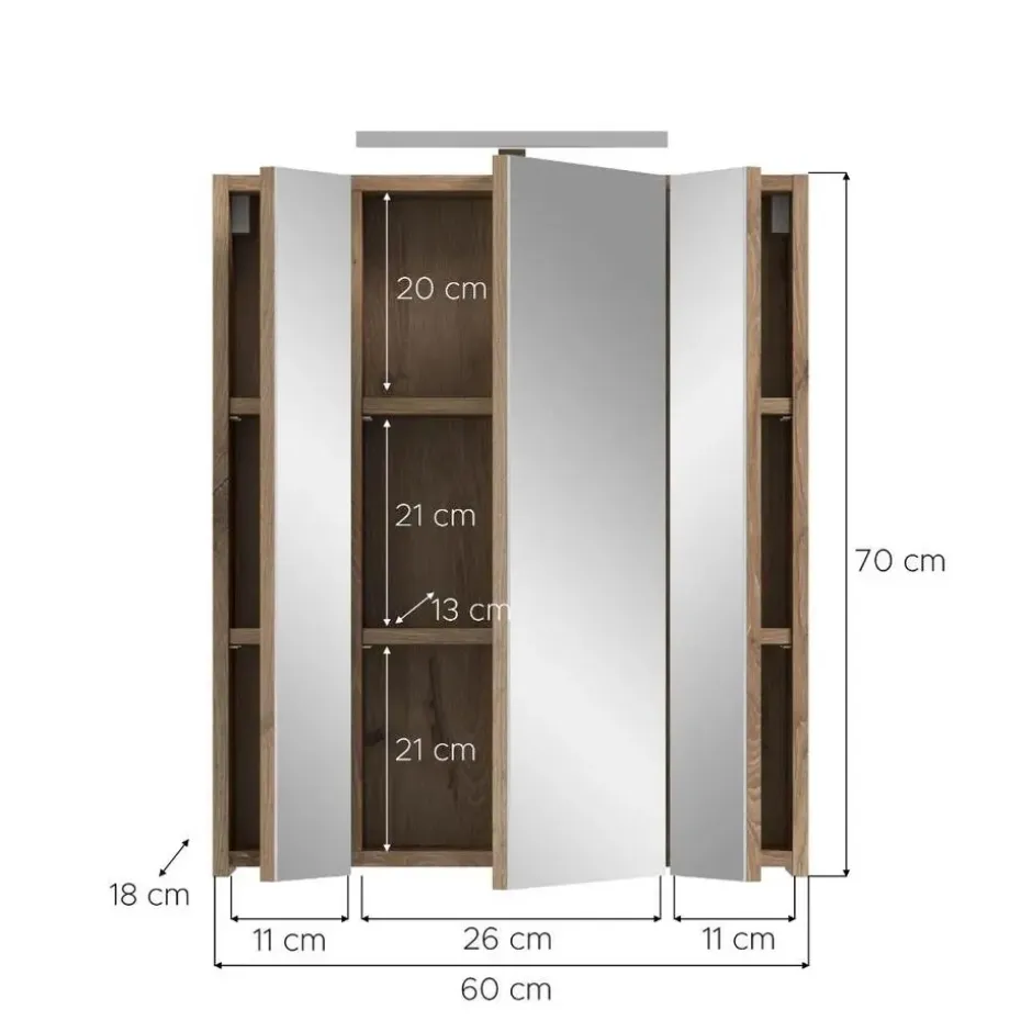 Hioshop Ice spiegelkast inclusief verlichting 3 spiegeldeuren zwart mat- eiken