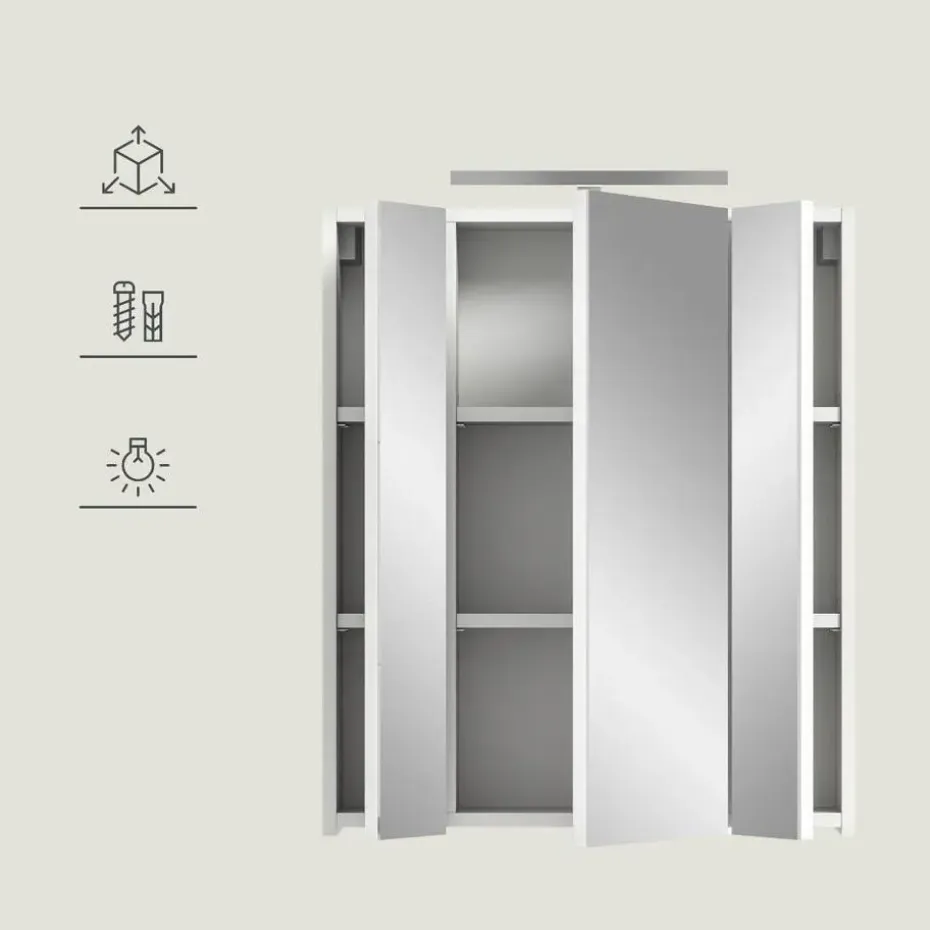Hioshop Ice spiegelkast inclusief verlichting 3 spiegeldeuren wit hoogglans-