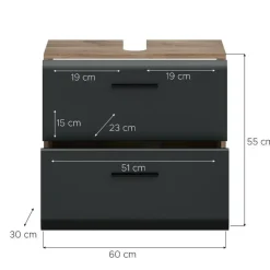 Hioshop Ice wastafel 2 lades zwart mat- eiken decor