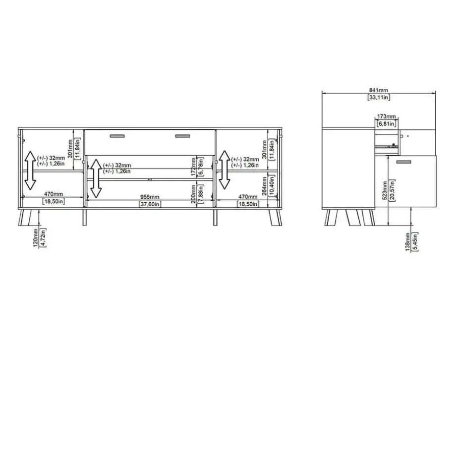 Hioshop Ikast dressoir 4 deuren- 1 lade eiken decor- wit