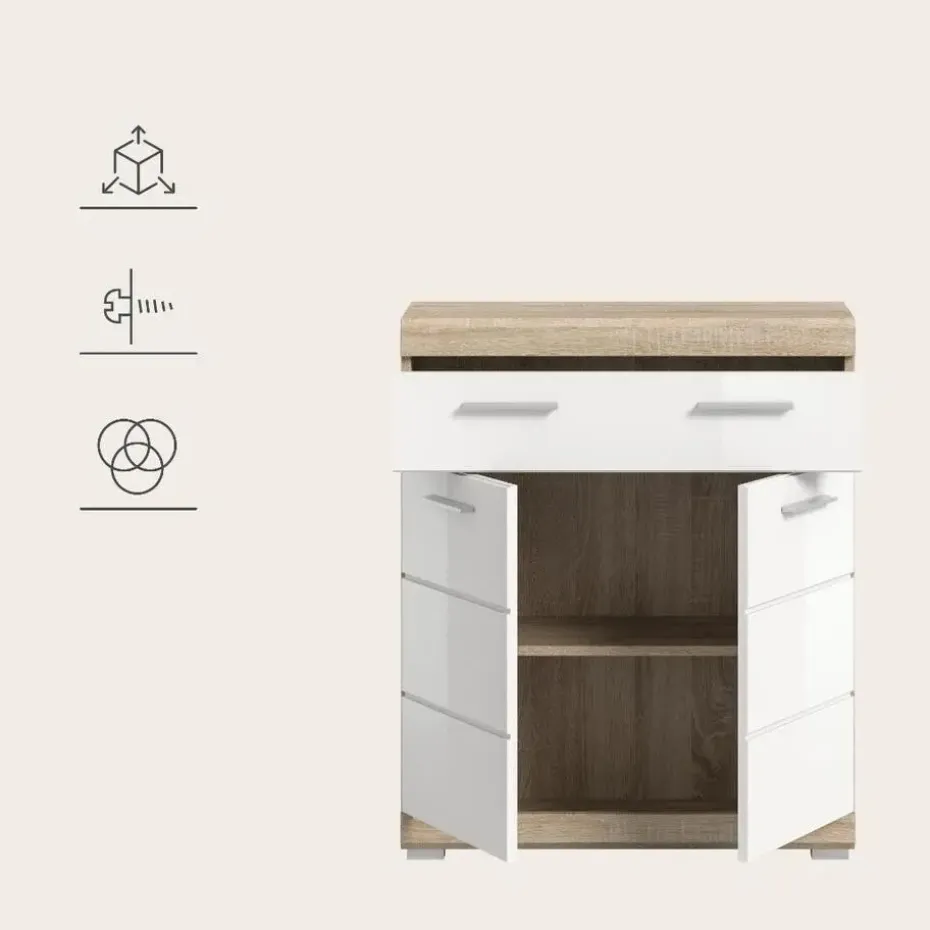 Hioshop Lambada badkamerkast 2 deuren- 1 lade wit hoogglans- eiken decor
