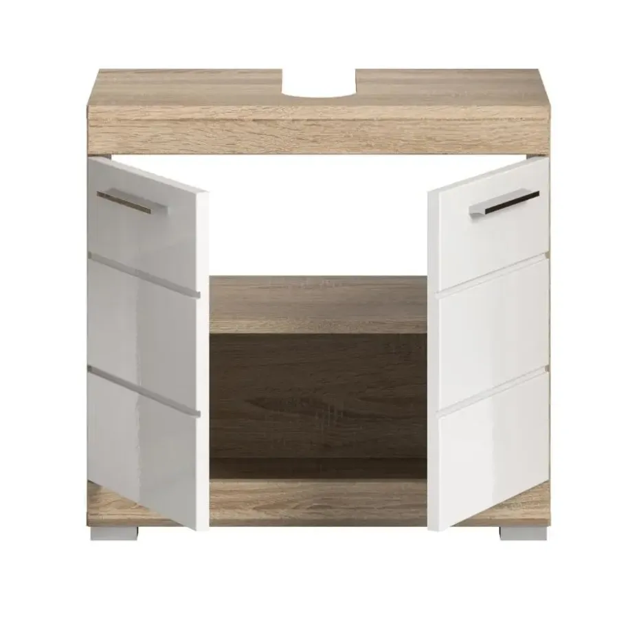 Hioshop Lambada wastafel 2 deuren wit hoogglans- eiken decor