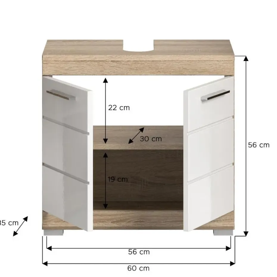 Hioshop Lambada wastafel 2 deuren wit hoogglans- eiken decor