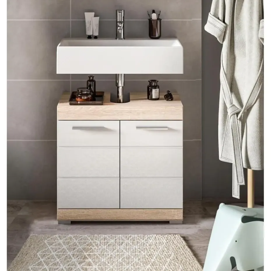 Hioshop Lambada wastafel 2 deuren wit hoogglans- eiken decor