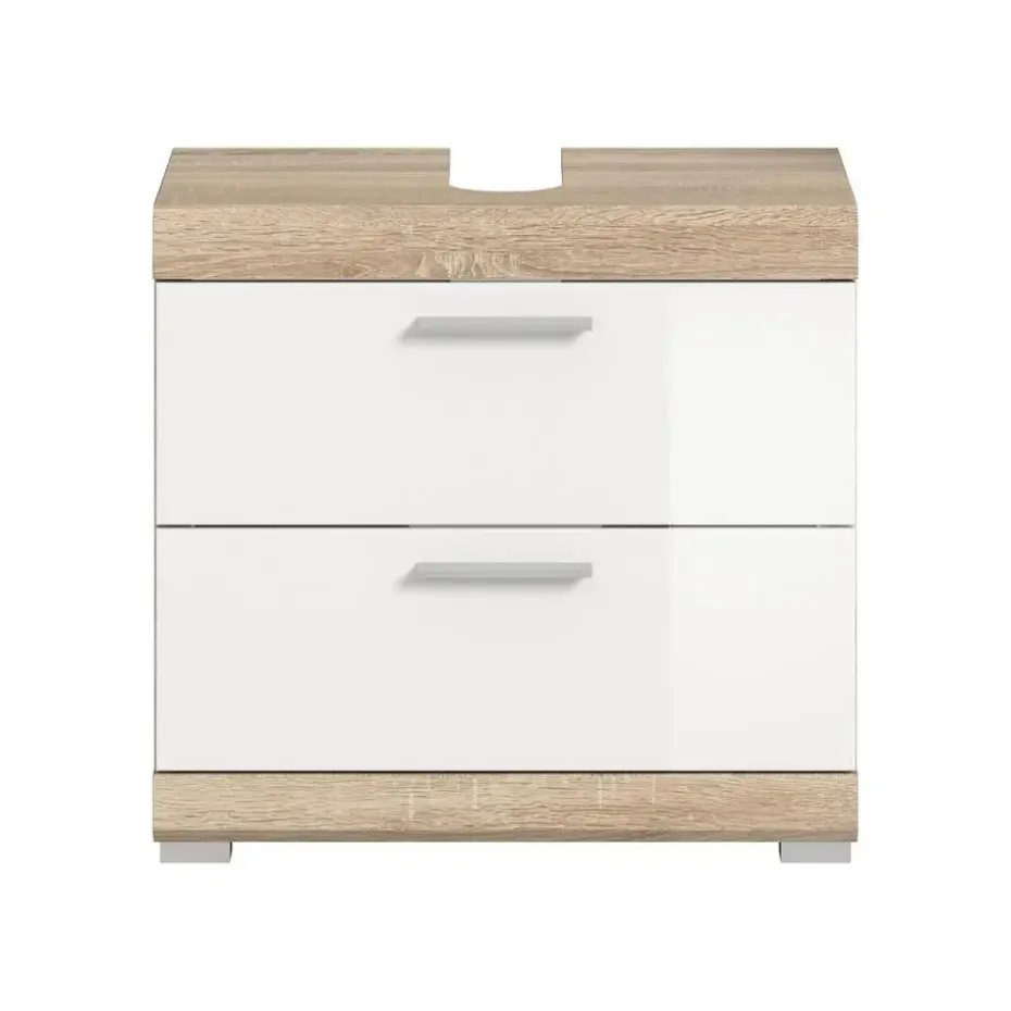 Hioshop Lambada wastafel 2 deuren- 2 lades- 2 planken wit hoogglans- eiken