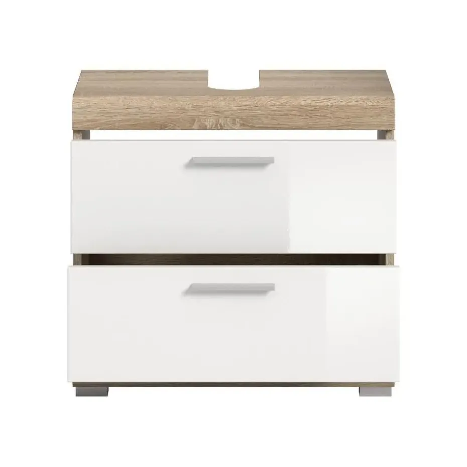 Hioshop Lambada wastafel 2 deuren- 2 lades- 2 planken wit hoogglans- eiken