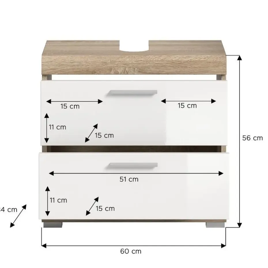 Hioshop Lambada wastafel 2 deuren- 2 lades- 2 planken wit hoogglans- eiken