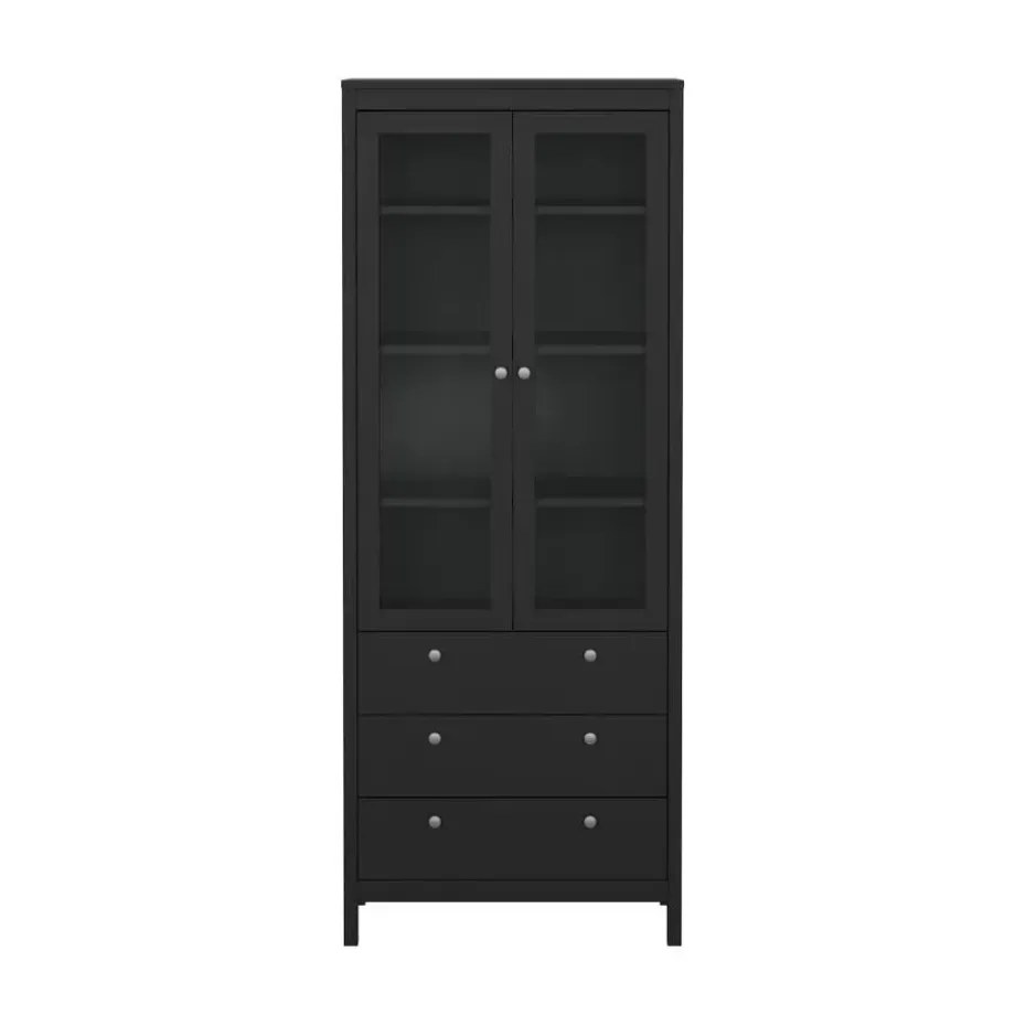 Hioshop Madrid vitrinekast 2 glazen deuren 3 laden zwart mat