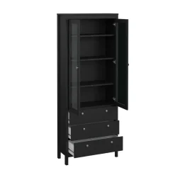 Hioshop Madrid vitrinekast 2 glazen deuren 3 laden zwart mat