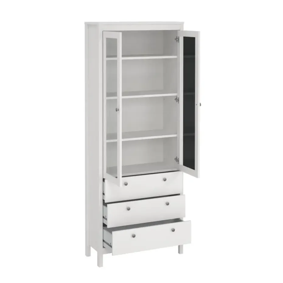 Hioshop Madrid vitrinekast 2 glazen deuren 3 laden wit