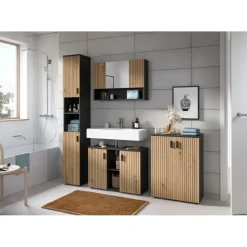 Hioshop Mone badkamerkast 2 deuren eiken decor- donkergrijs
