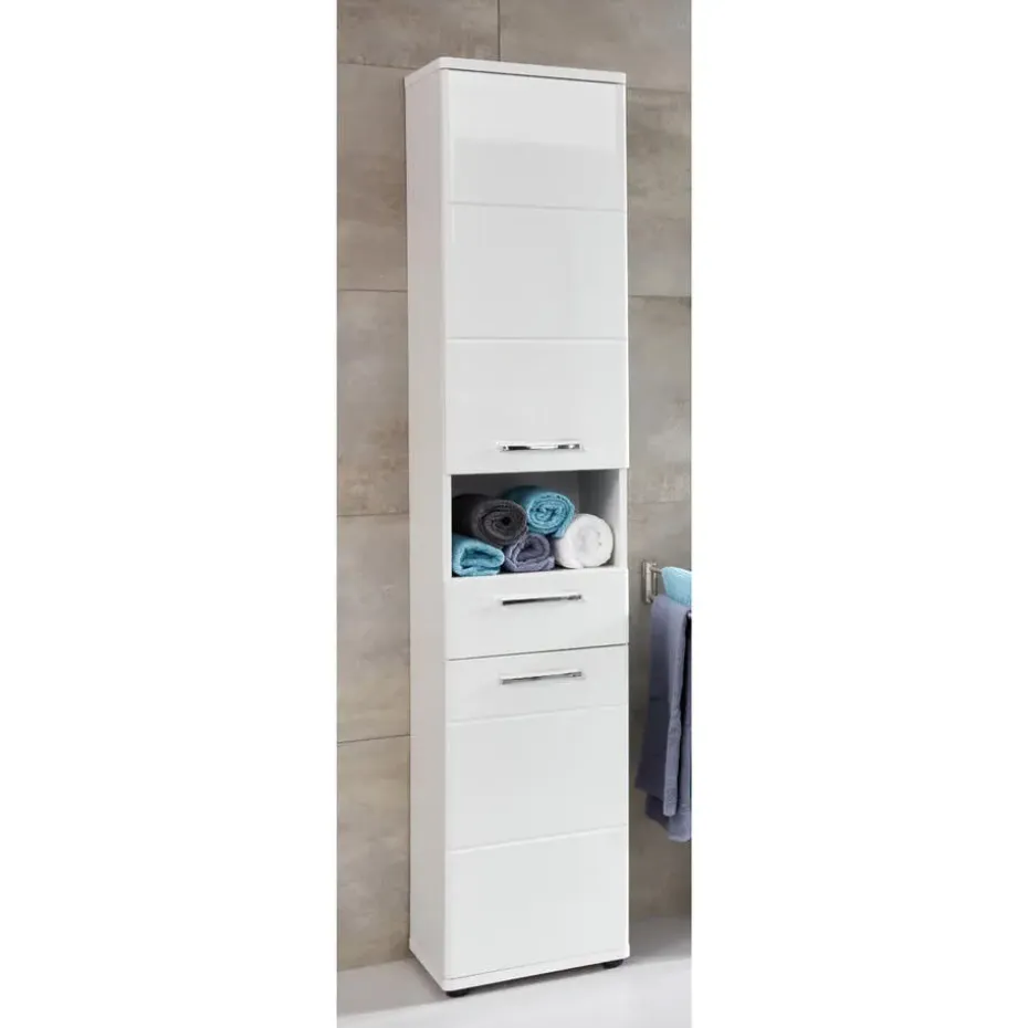 Hioshop Monte kolomkast 2 deuren- 1 lade- 1 open vak wit- wit hoogglans