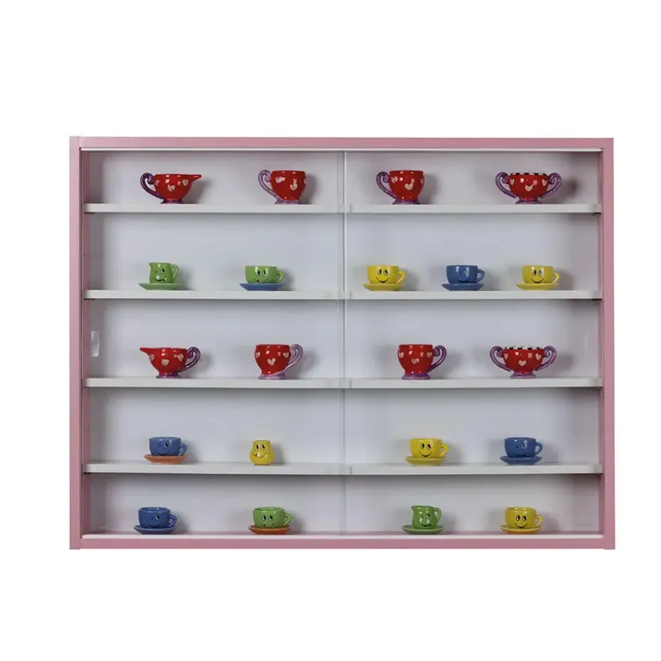 Hioshop Pinkruby vitrinekast vitrinekast- 2 schuifdeuren roze- wit