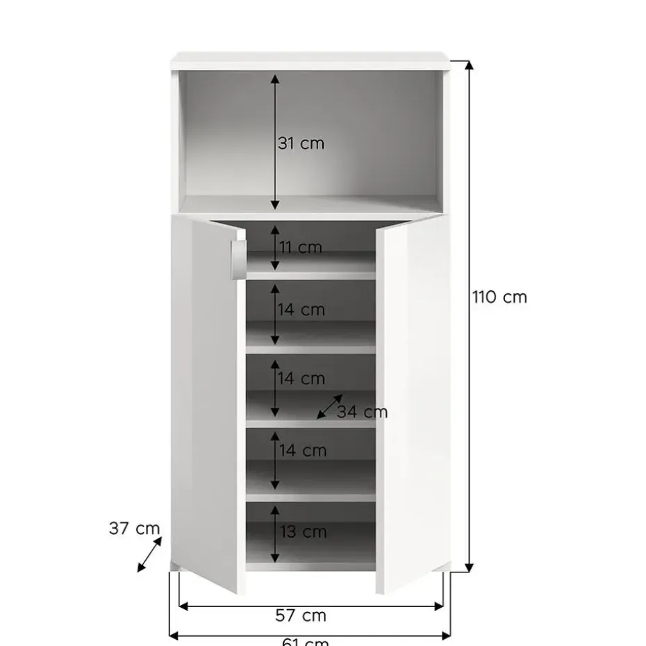 Hioshop ProjektX schoenenkast 2 deuren 1 vak wit hoogglans