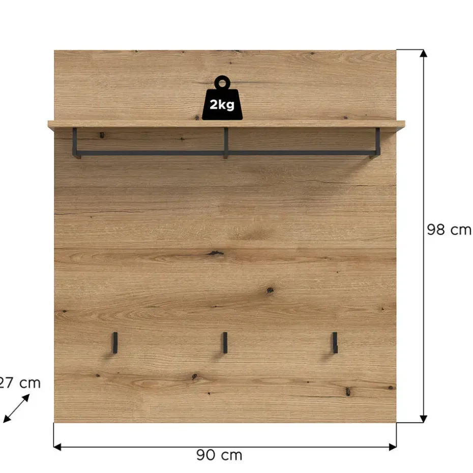 Hioshop Scout kapstok 3 haken 1 kledingstang 1 plank eik decor