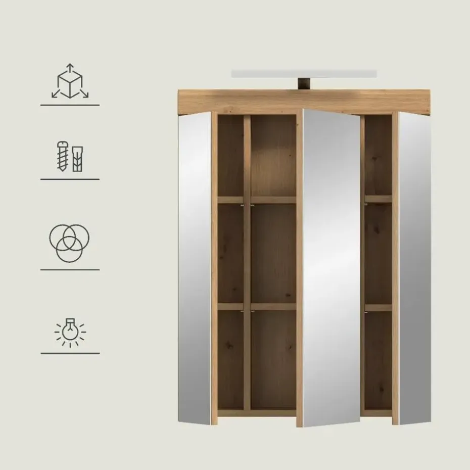Hioshop Scout spiegelkast 2 deuren- 3 spiegeldeuren- 3 planken salvie decor-