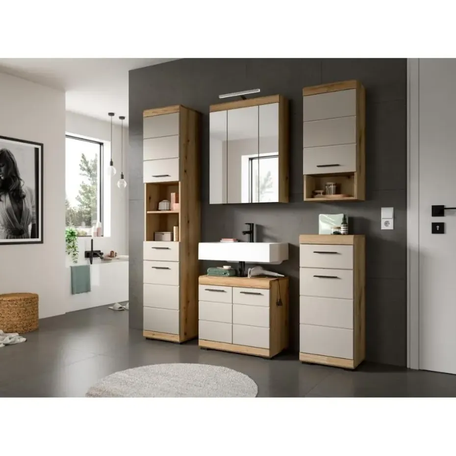Hioshop Scout spiegelkast inclusief verlichting 3 spiegeldeuren eiken decor