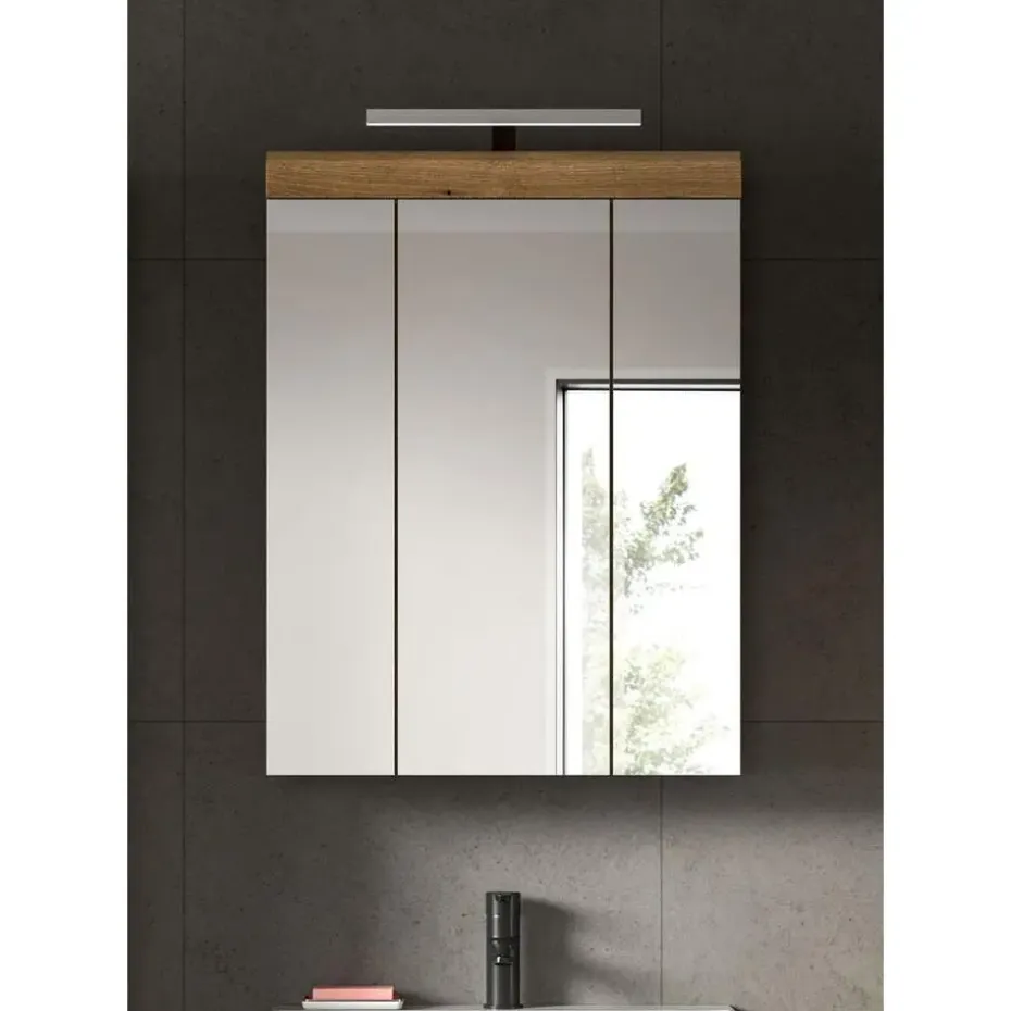 Hioshop Scout spiegelkast inclusief verlichting 3 spiegeldeuren eiken decor