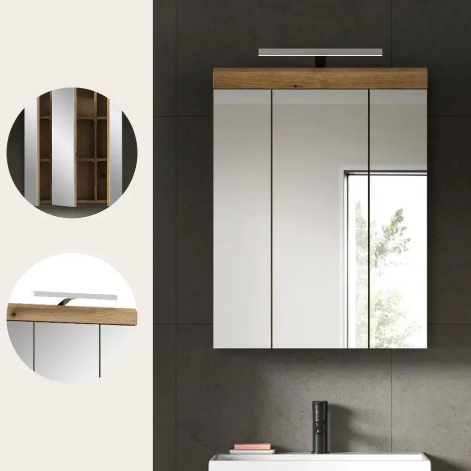 Hioshop Scout spiegelkast inclusief verlichting 3 spiegeldeuren eiken decor