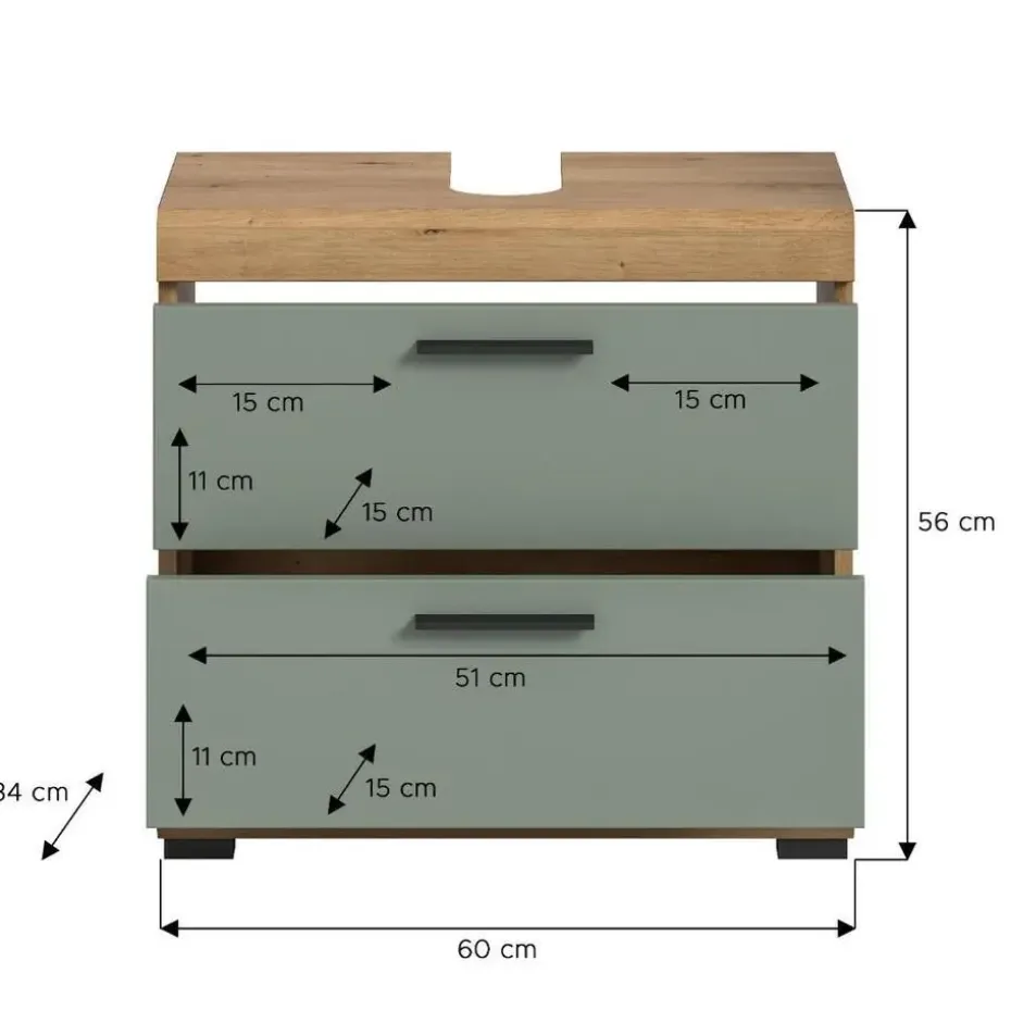 Hioshop Scout wastafel 2 deuren- 2 lades- 2 planken salvie decor- eiken decor
