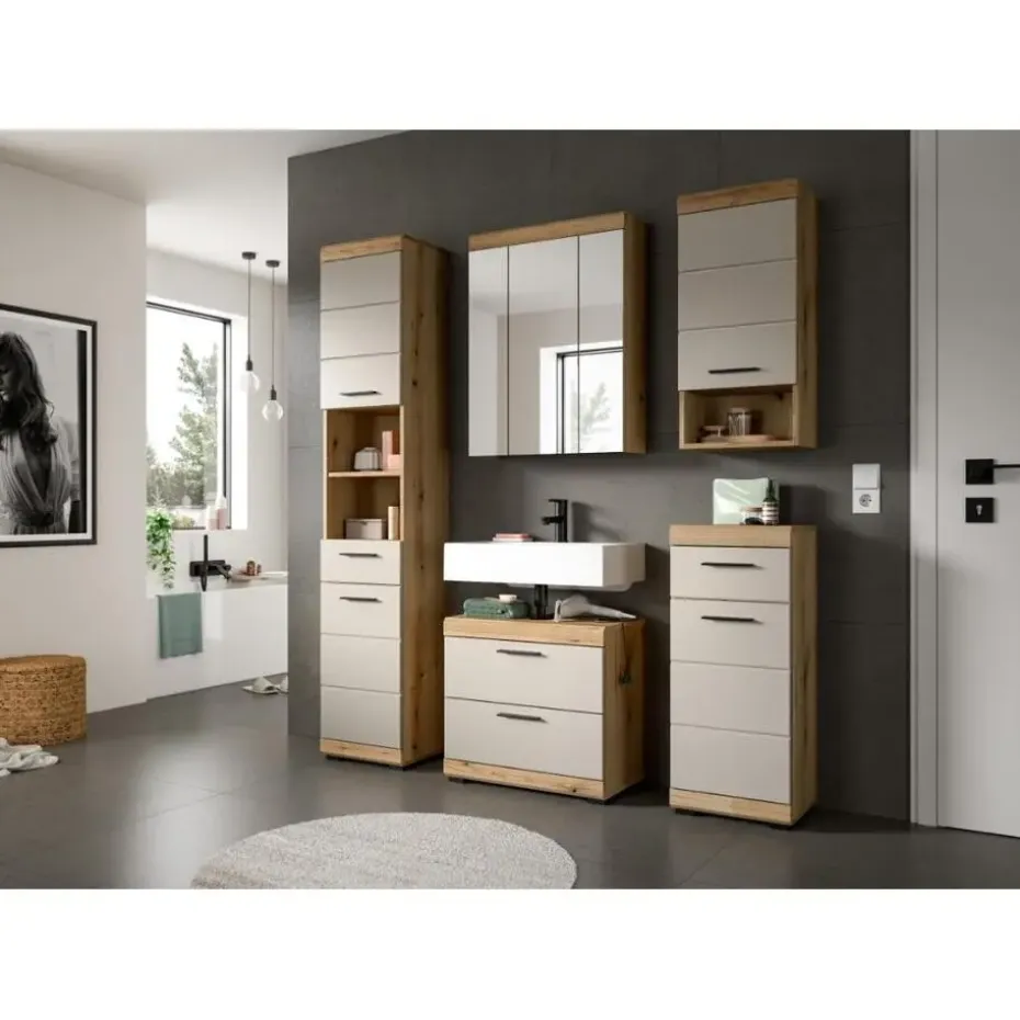 Hioshop Scout wastafel 2 lades kasjmier decor mat- eiken decor
