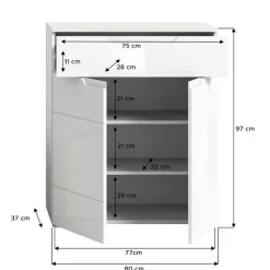 Hioshop Solero schoenenkast 2 deuren- 1 lade wit hoogglans- wit