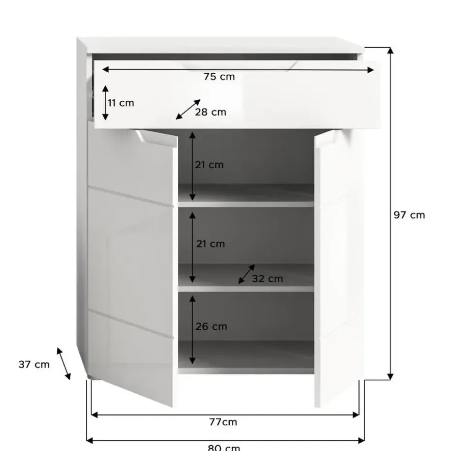 Hioshop Solero schoenenkast 2 deuren- 1 lade wit hoogglans- wit