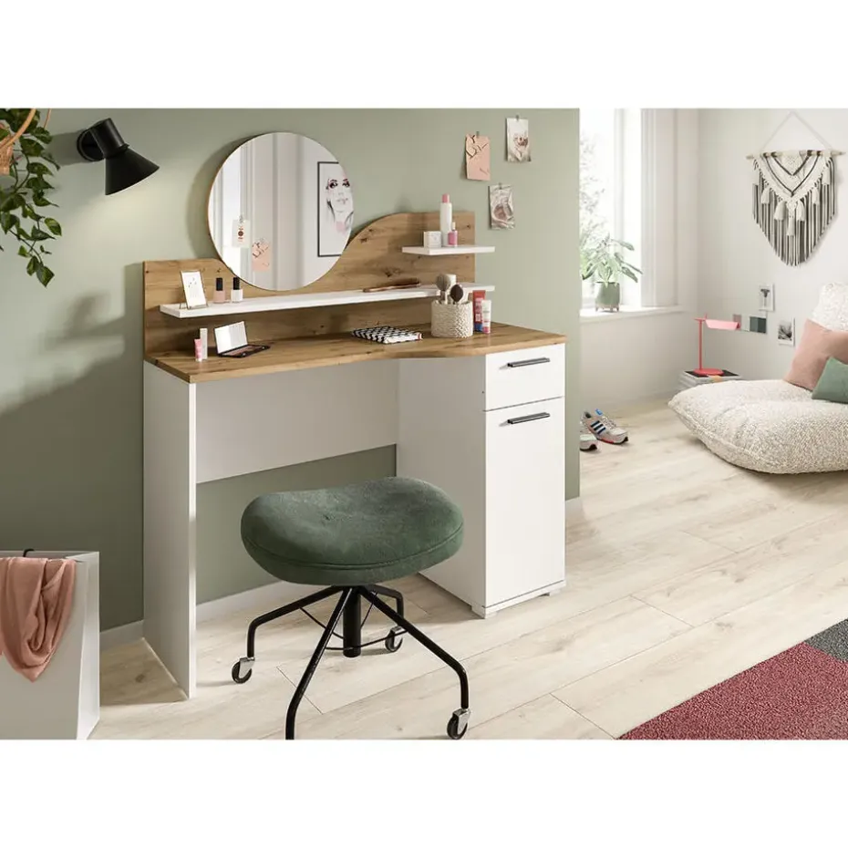 Hioshop Vanity kaptafel met spiegel 1 lade 1 deur 2 planken wit