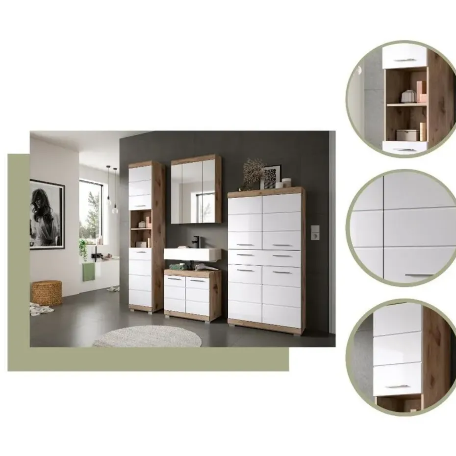 Hioshop Wave wastafel 2 deuren wit hoogglans- eiken decor