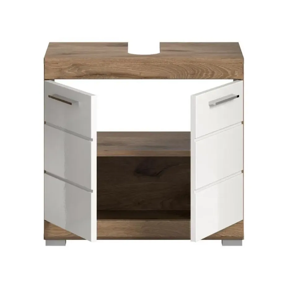 Hioshop Wave wastafel 2 deuren wit hoogglans- eiken decor