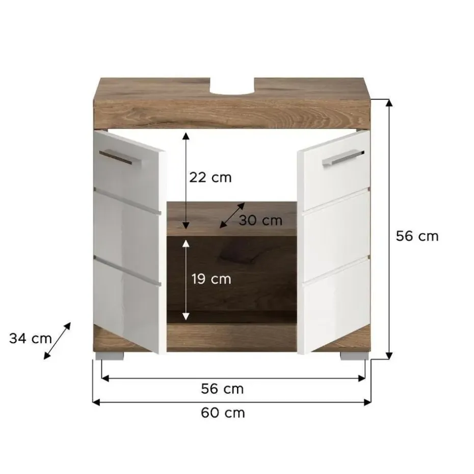 Hioshop Wave wastafel 2 deuren wit hoogglans- eiken decor