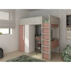 Hoogslaper Beau 90x200 met bureau & kast - oudroze