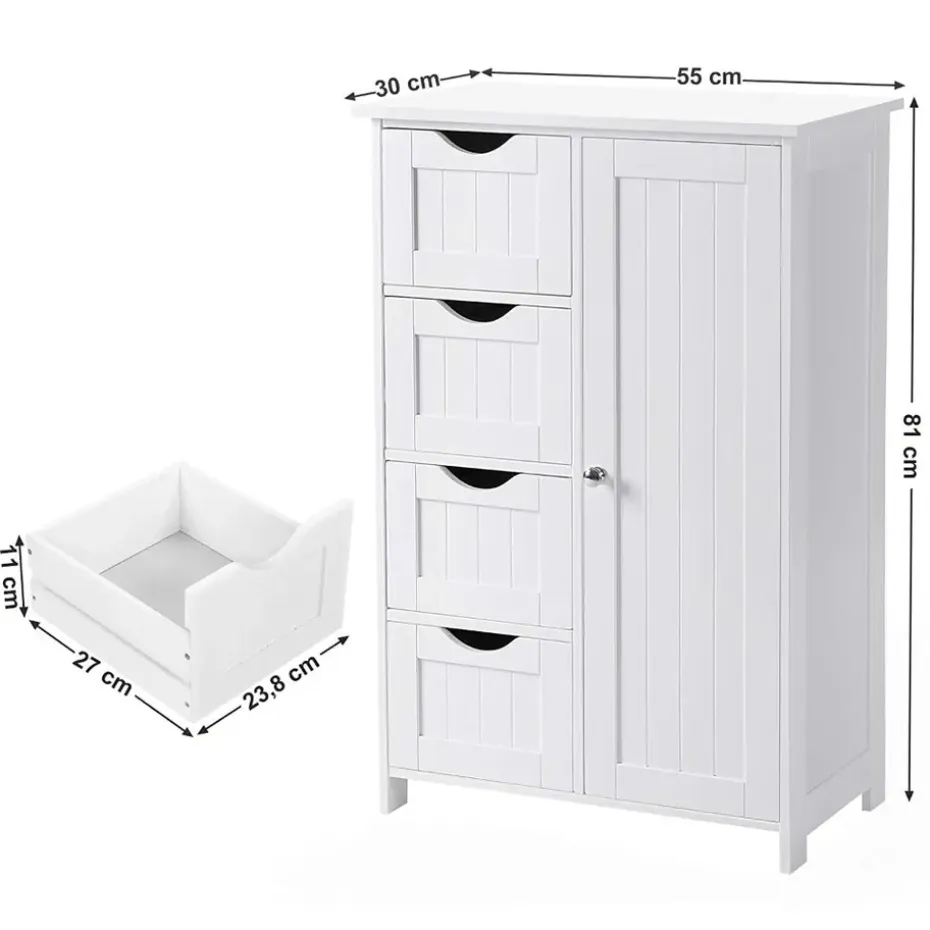Houten Badkamer Buffet met 4 laden - Vrijstaand - Wit