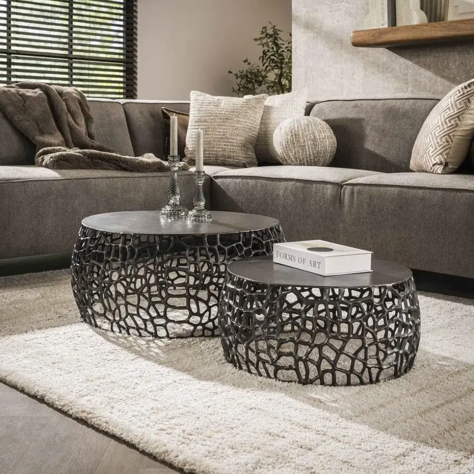 Hoyz - Salontafel Maze - Zwart/Grijs Metaal - Set van 2 - 75x75x30