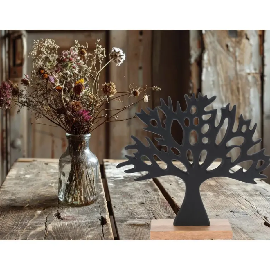 HS Collection Deco levensboom - aluminium/hout - 27 cm - zwart