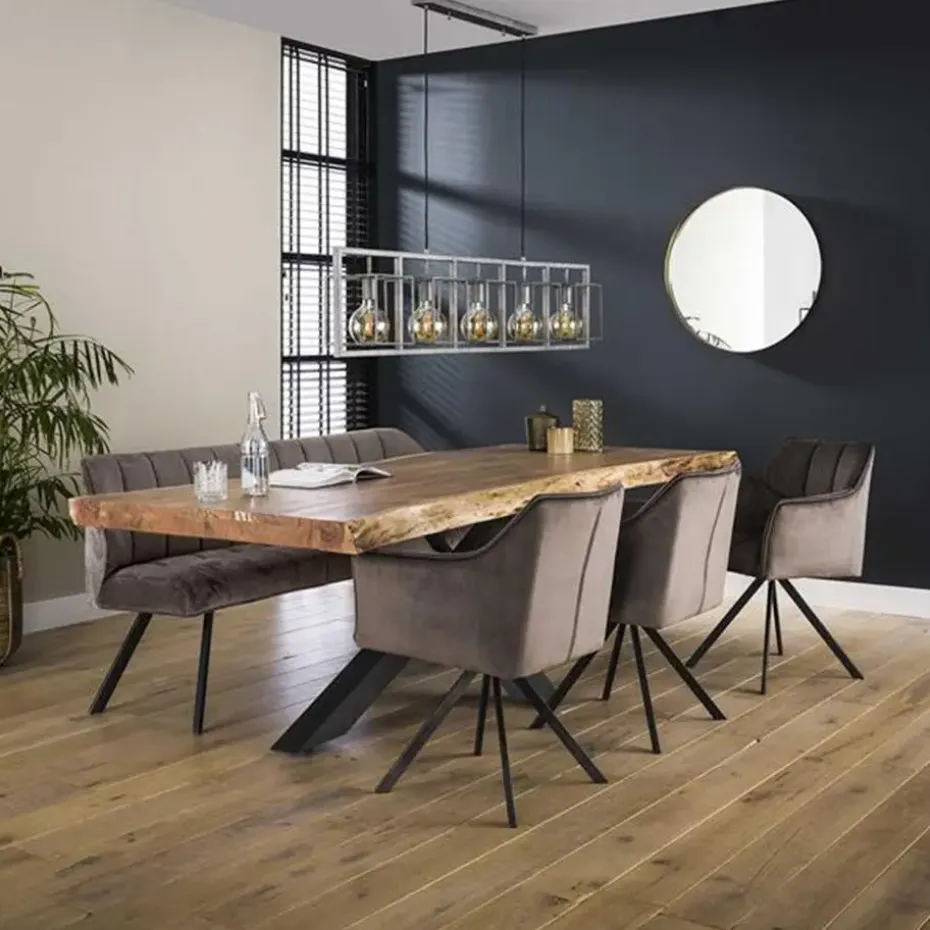 Industriële eetkamerbank Romy velvet 180 cm grijs - 190x180x81 cm - Stof - Grijs