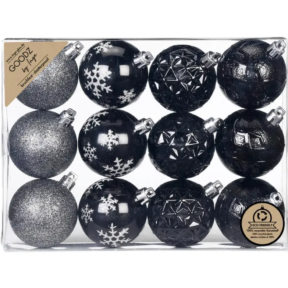 Inge Christmas kerstballen - 12x st - zwart - 6 cm - kunststof