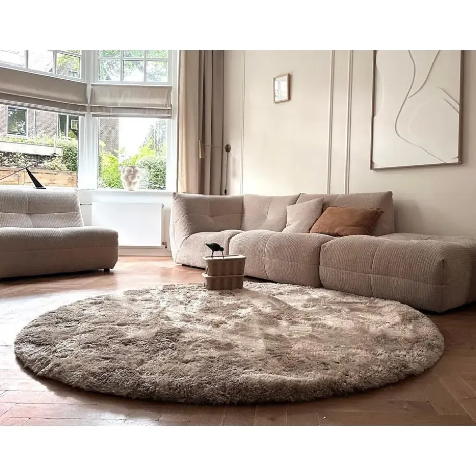 Interieur05 Rond Hoogpolig vloerkleed Odelia beige/wit - 200 x 200 cm