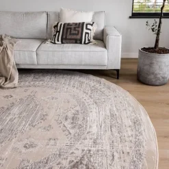 Interieur05 rond vintage Aila vloerkleed zand/beige - 120 x 120 cm