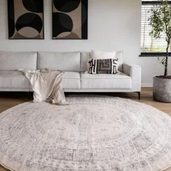 Interieur05 rond vintage Aila vloerkleed zand/beige - 160 x 160 cm