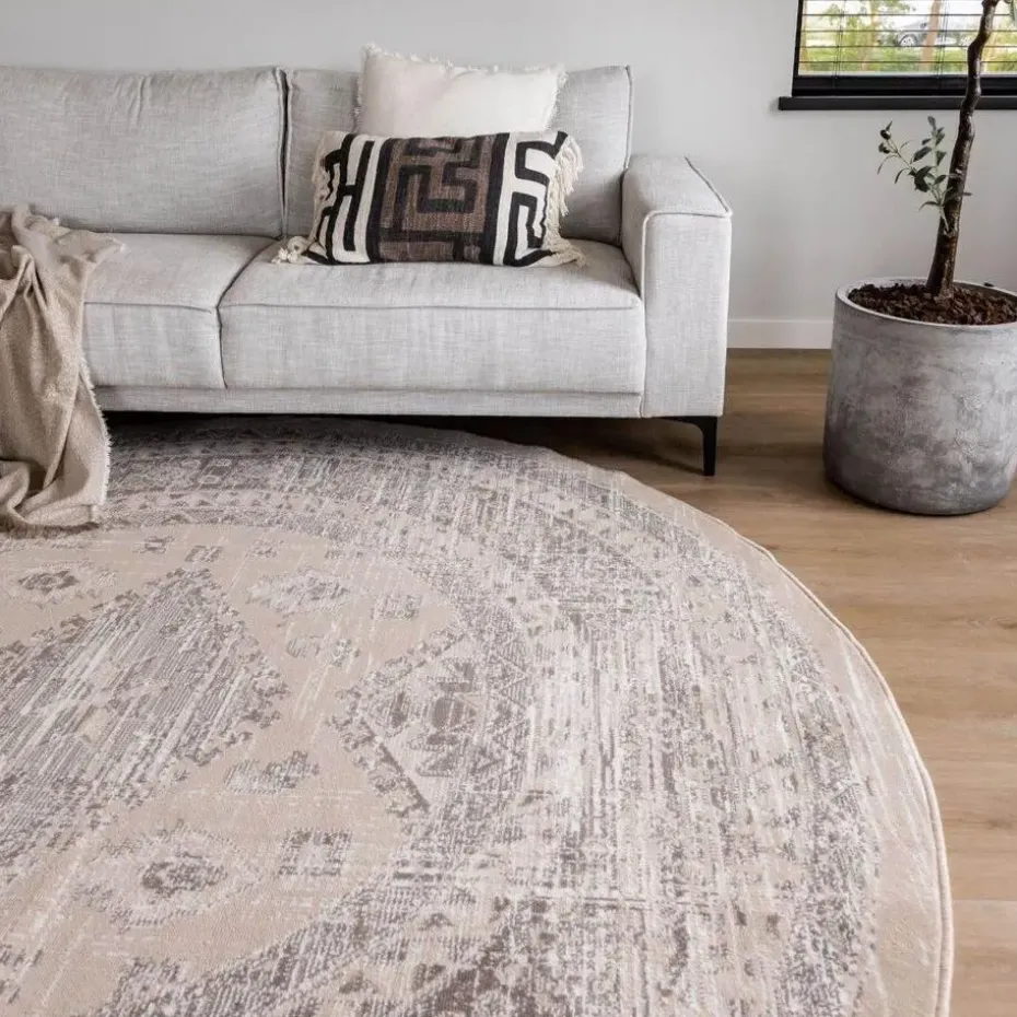Interieur05 rond vintage Aila vloerkleed zand/beige - 160 x 160 cm