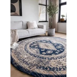 Interieur05 rond vintage vloerkleed Aila blauw - 120 x 120 cm