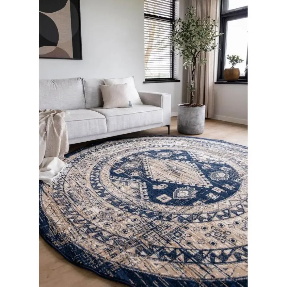Interieur05 rond vintage vloerkleed Aila blauw - 120 x 120 cm