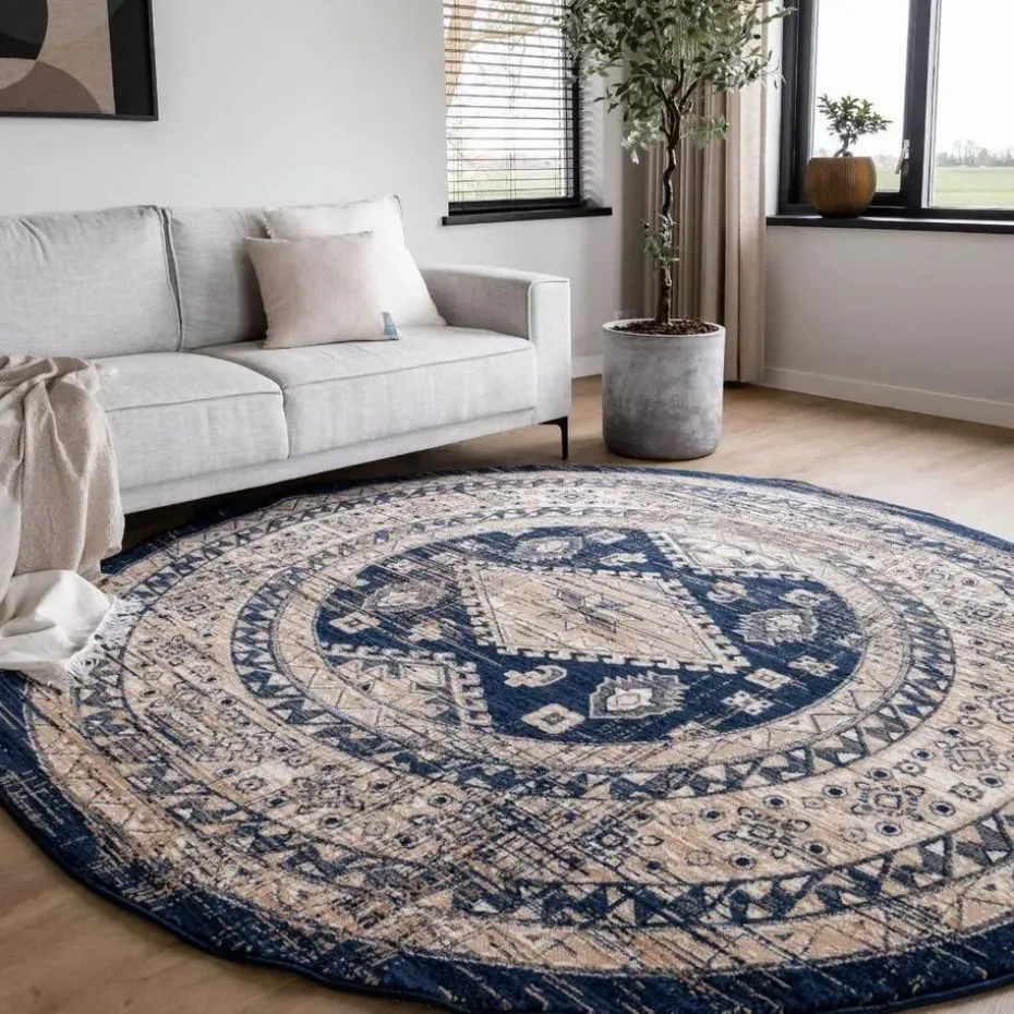 Interieur05 rond vintage vloerkleed Aila blauw - 120 x 120 cm