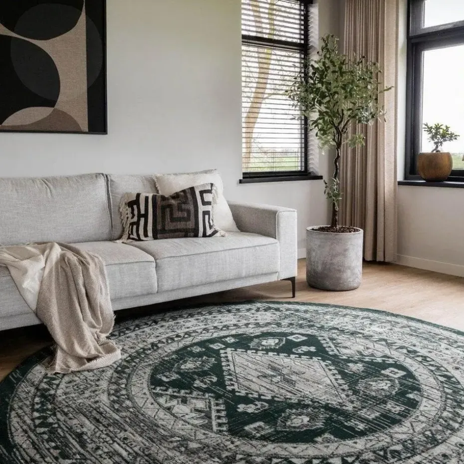 Interieur05 rond vintage vloerkleed Aila groen - 240 x 240 cm