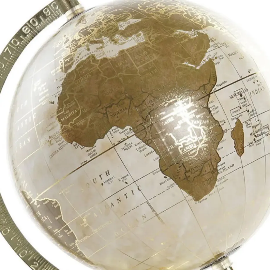 Items Deco Wereldbol/globe op voet - kunststof - creme/goud - 20 x 30 cm