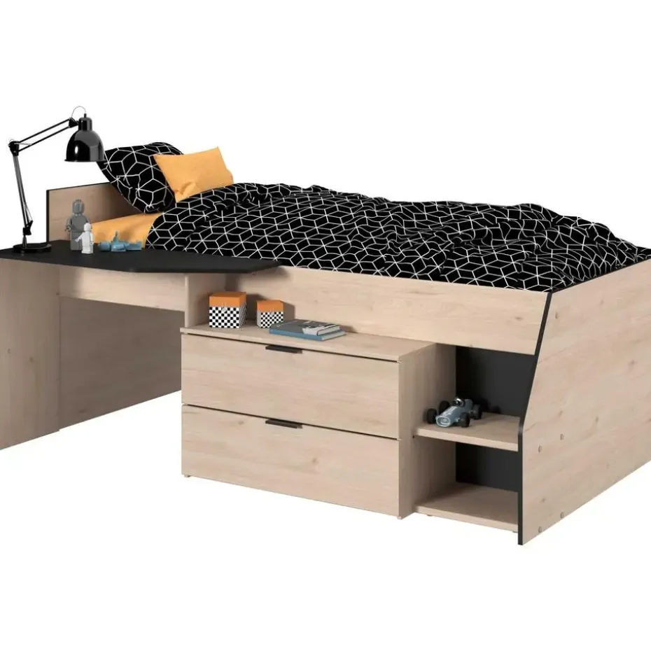 Kajuitbed Milky met bureau en lades - zwart/eik